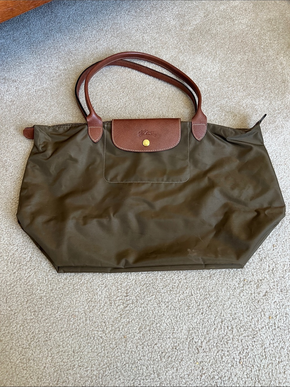 Longchamp Olive Nylon Tote with Brown Leather Trim